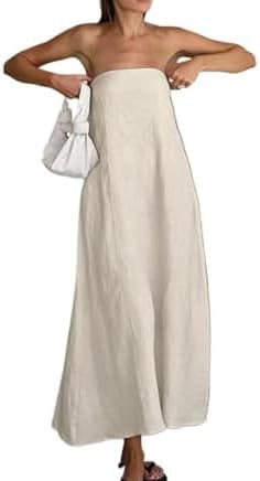 Sexy Bustier Maxi Dresses for Women Elegant Casual Cotton Linen A-Line Strapless Maxi Dress for Vacation