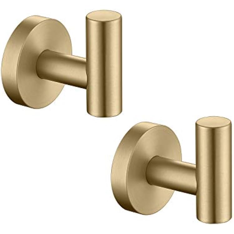 TASTOS Brushed Gold Bathroom Towel Coat Hook Stainless Steel, 2 Pack Robe Clothes Cabinet Closet Sponges Hooks Holder Round Style Heavy Duty Wall Hook for Bathroom Kitchen Hotel Wall Mounted