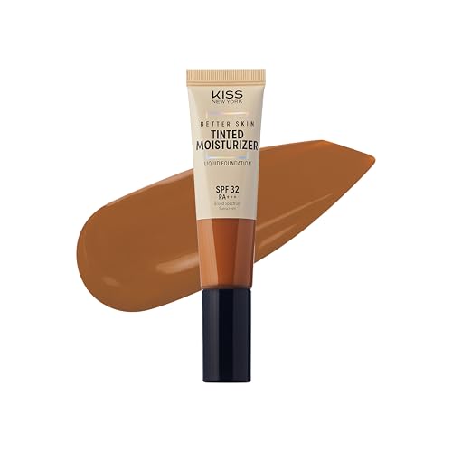 KISS NEW YORK Tinted Moisturizer with SPF 32 PA Cappuccino 12 Hour Hydrating Sunscreen for Face, No White Cast for Dark Skin Tone, Natural Finish, Medium Coverage with Hyaluronic Acid, Vitamin E