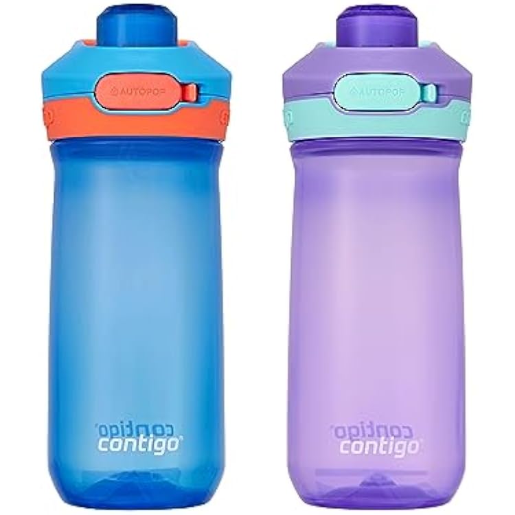 Contigo Jessie Kids Water Bottle Leak-Proof Lid 14oz Dishwasher-Safe Fits Most Cup Holders 2-Pack Blue PoppyCoral & AmethystJade
