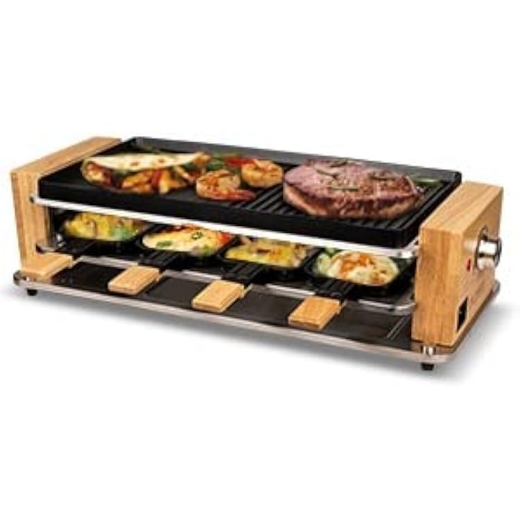 Raclette Table Grill 2 in 1 Non-stick Grill plate Korean BBQ Grill Indoor with Temperature Control, 8 Paddles & 8 Spatulas, Wooden Base