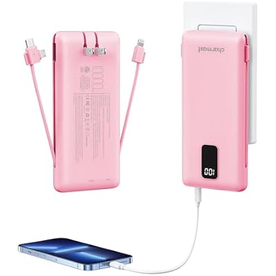 charmast Portable Charger with Built-in Cables and Wall Plug, 10000mAh USB C Portable Power Bank, Potable Phone Charger, Travel Essentials Compatible with iPhones, Samsung Galaxy, iPad