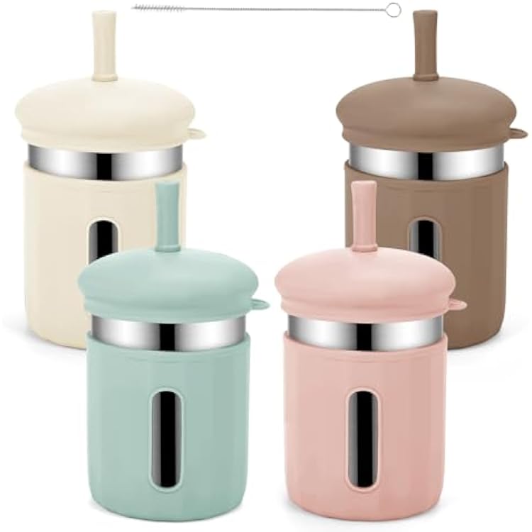 Beyoung Kids Cups with Straws and Lids, 12.5oz Stainless Steel Kids Straw Cups with Silicone Sleeves, Spill Proof, Durable Drinking Cups for Kid and Adults,4PACK BeigeBrownGreenPink