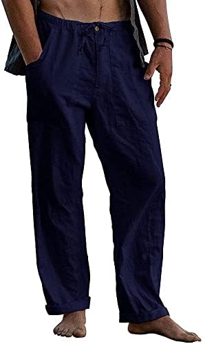 Mens Linen Pants Beach Casual Cotton Summer Lightweight Elastic Waist Drawstring with Deep Pockets LP330