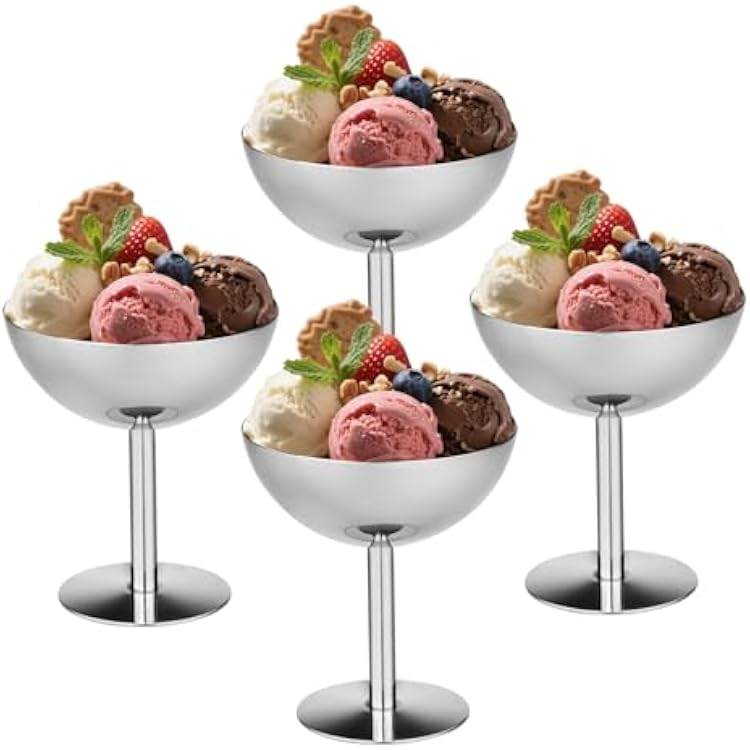 choxila Ice Cream Bowls 4pcs Elegant Stainless Steel Dessert Cups, Footed Bowl for Ice Cream, Trifle, and More Perfect for Parties, Weddings, and Home Use