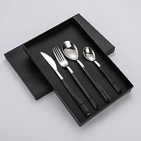 Cutlery Flatware Cutlery Set, 4/16/24/32/40/48 Pieces Black Square Handle Stainless Steel Tableware Four-Piece Gift Box Set Household Knife, Fork And Spoon Four-Piece Set,Silver-4Set-16Pcs
