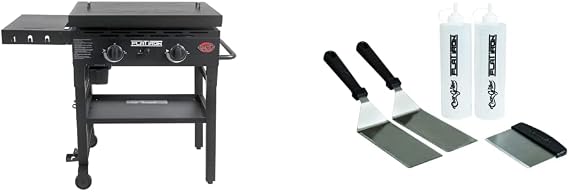 Char-Griller 8128 Flat Iron 2 Burner Outdoor Griddle Lid Gas Grill, Black and Char-Griller 8905 Griddle Accessory Kit, 2 Spatulas, 2 Bottles and Scraper