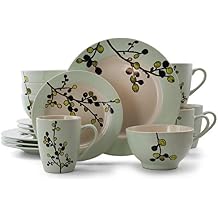 Elama RETROBLOOM Retro Bloom 16 Piece Luxurious Stoneware Dinnerware with Complete Setting for 4, 16pc, Green