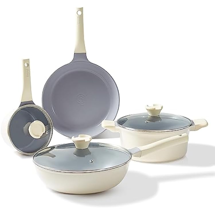 Redchef Ceramic Pots and Pans Set - 7 Piece Non Stick Cookware Set, Healthy and Non Toxic, PFAS PFOA & PTFE Free Cream