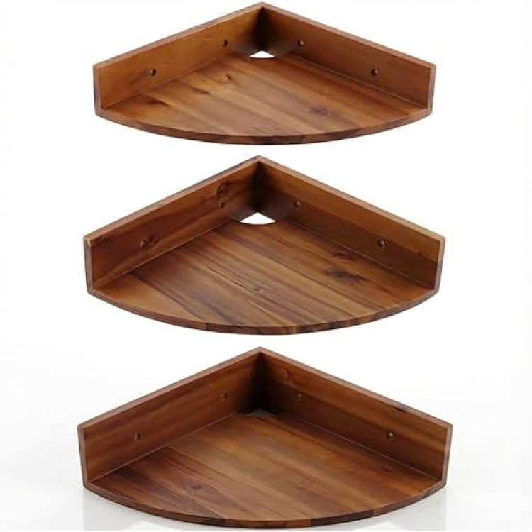 Demigo Corner Shelf Wall Mount Set of 3, Solid Acacia Wood Round Floating Corner Shelves for Storage and Display, Hanging Wood Shelves for Bedroom, Kitchen, Living Room, Bathroom Brown