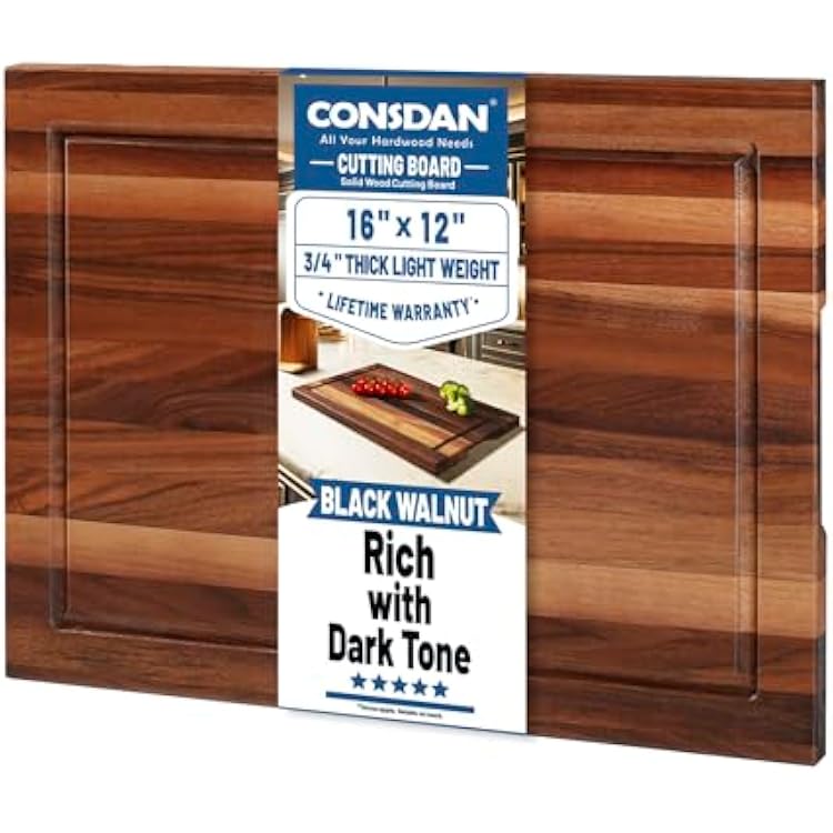 CONSDAN Wood Cutting Board for Kitchen, 16 x 12, USA Grown Solid Black Walnut Hardwood, Edge Grain, Chopping Board, Butcher Block with Juice Groove, Prefinished with Food-Safe Oil, 34 Thick