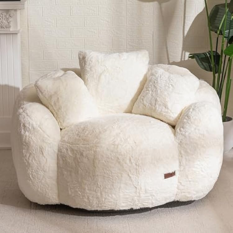 MAXYOYO Bean Bag Chair, Oversized Floral Shaped Bean Bag Sofa for Adults, Ultra Soft Faux Fur Floor Sofa, Large Stuffed Reading Chair for Living Room Bedroom, Beige