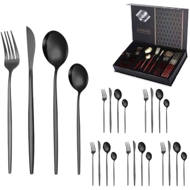 24 PCS Luxury Stainless Steel Knife Set, 6 X Dinner Forks, 6 X Dinner Knives, 6 X Dinner Spoons, 6 X Tea Spoons, Kitchen Travel Utensils Set Service for 6Size:B,Color:Black
