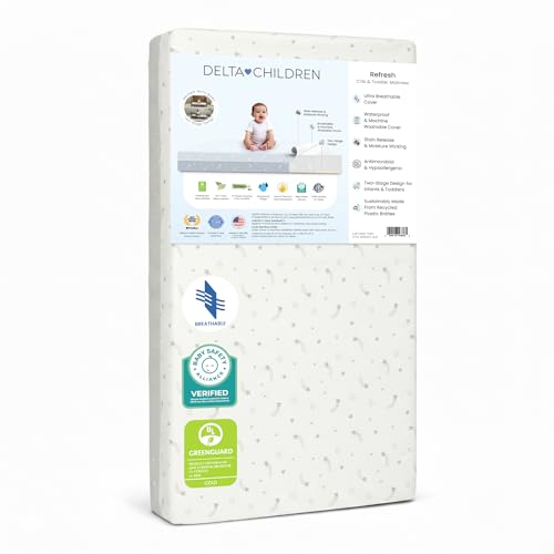 Delta Children Refresh 2-Stage Crib and Toddler Mattress - Breathable Cover and Core - Machine Washable - GREENGUARD Gold Waterproof - Sustainably Sourced Core, Grey