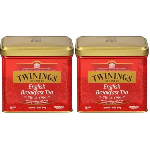 Twinings English Breakfast Loose Tea Tin, 7.05 Ounce Tin Pack of 2, Smooth, Flavourful, Robust Black Tea Leaves, Caffeinated, Enjoy Hot or Iced