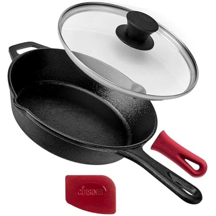 Cuisinel Cast Iron Skillet with Lid - 8-Inch Frying Pan  Glass Cover  Silicone Grip Handle Holder - Pre-Seasoned Cookware - IndoorOutdoor, Grill, Stovetop, Camping Fire, Induction Oven Use
