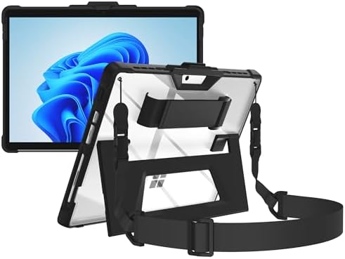 AOAO Clear Case for Microsoft Surface Pro 8, Rugged Protective Cover with Shoulder Strap, Hand Strap, Stylus Pen Holder, Extra Stand for Education and Business Office Black
