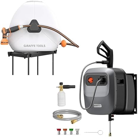 Giraffe Tools Grandfalls Pressure Washer G20 Pro, 2500 PSI 2.2 GPM, 180 Wall Mounted Power Washer, Auto-retract with 65FT Hose and Ground Mounted Retractable Hose Reel 5/8 Inch x 92FT