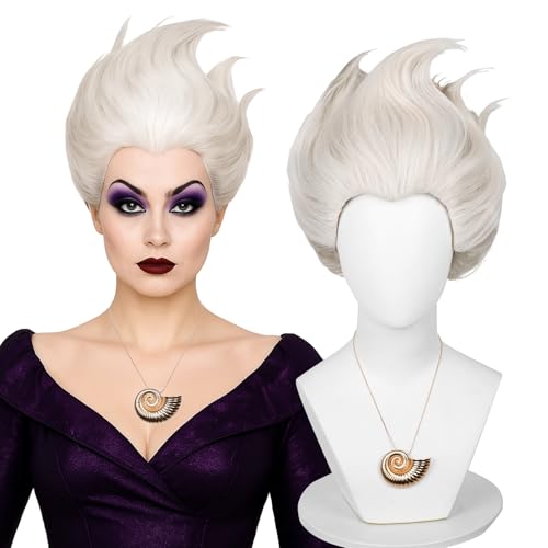 Probeauty Short Grey White Wig for Women Silver Layered Sea Witch Cosplay Wigs with Shell Necklace for Halloween Costume Party  Wig Cap