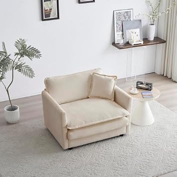 Reading Sofa - Single Seat Upholstered Armchair, Beige Chenille Fabric with 1 Toss Pillow, Comfy Deep Seat for Living Room/Bedroom