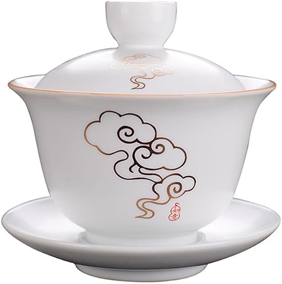 Liang baobao Gaiwan 8oz Porcelain Teacup White Glazed with Golden Rim Tureen Chinese Gongfu Tea Cup Sancai Cover Bowl Lip Cup Saucer Set (Auspicious clouds)