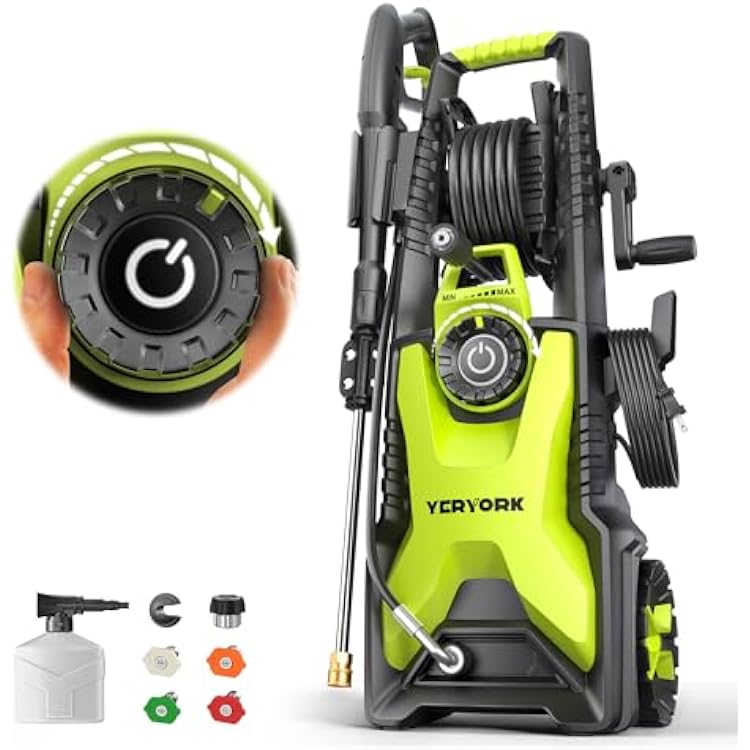 Adjustable 5000 Max PSI Pressure Washer, 2 Max GPM Power Washer with 33 FT Hose Reel, Steel Wand, 500ml Foam Cannon, 4-Nozzle Set, Electric Pressure Washer for Cars, Fences, Patios