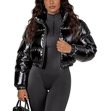 COZYPOIN Women's Metallic Shiny Cropped Puffer Jacket Long Sleeve y2k Zip Up Padded Down Short Coat Outerwear