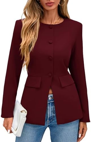 Lazysmile Blazers for Women Long Sleeve Crewneck Button Down Suit Jackets Work Office Business Casual Outfits with Pockets