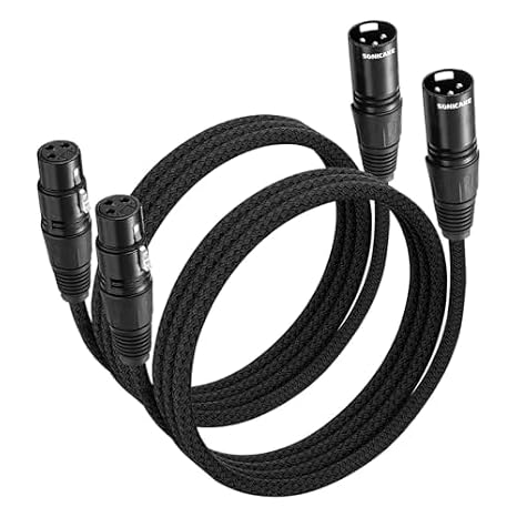 SONICAKE XLR Microphone Cable Male to Female 3 Pin Nylon Braided for Studio Recording and Live Production 6 Feet/2M, 2 Pack Black