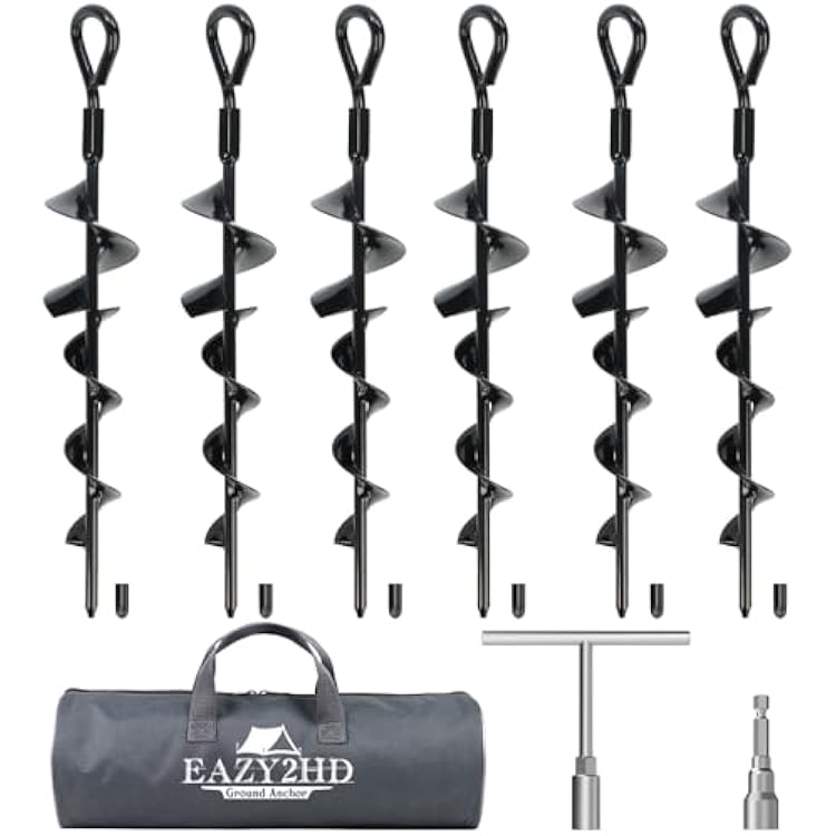 Eazy2hD 6 Pack Tent Stakes Heavy Duty, 15 Inch Ground Anchors Screw in, Metal High Winds Trampoline Stake with Nut and Tool, Spiral Anchor Kit for Camping, Swing Set, Mobile Home, Car Ports