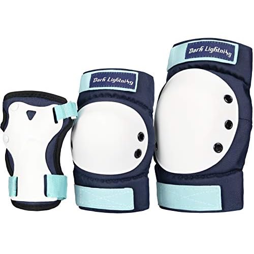 Dark Lightning KidsJuniorYouth Knee Pads Elbow Pads Wrist Guards 3 in 1 Protective Gear, for Skateboard,Roller Skate,Inline,Cycling,MTB Bike,ScooterNavy Blue,L