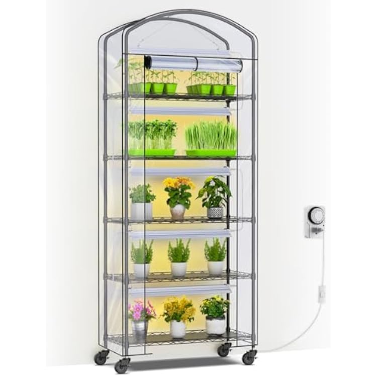 Abimars 5-Tier Greenhouse with Grow Light, Shelf Height Adjustable Metal Plant Shelf with PVC Cover and Wheels, Includes 5-Pack 2900K Full Spectrum Plant Lights, 13x29x73inch