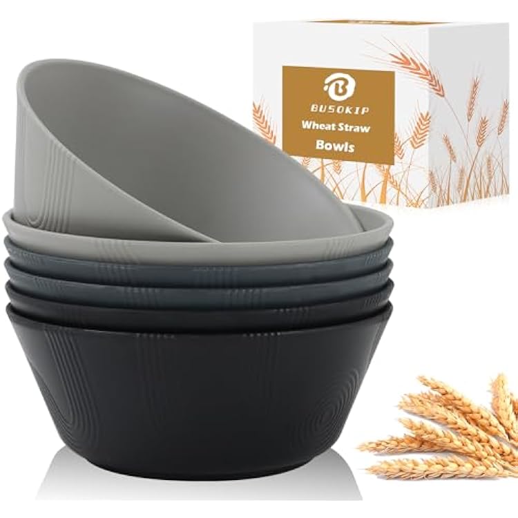 36 OZ Cereal Bowls Set of 6, Unbreakable Wheat Straw Bowls, Large Plastic Bowl Reusable, Microwave and Dishwasher Safe Kitchen Bowls for Serving, Soup, Popcorn, Ramen Black, Grey