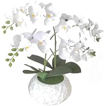 Artificial Orchid with 3D Printed Vase, 24 Stems Realistic Fake Phalaenopsis, Adjustable Silk Flowers for Home Decor, Wedding Table Centerpieces, 2 Bunches + White