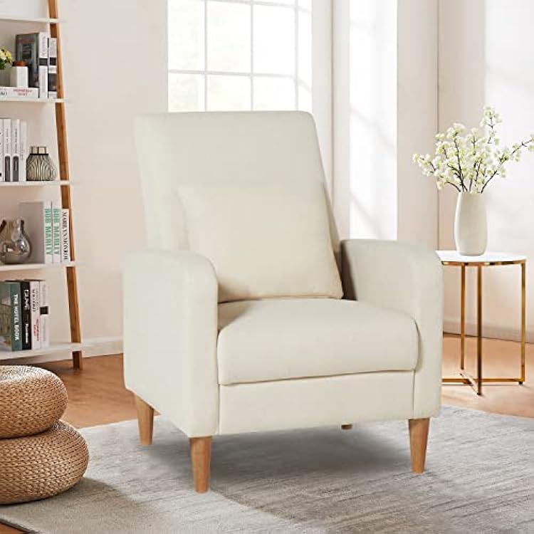 COLAMY Mid-Century Modern Upholstered Accent Chair with Back Pillow & Solid Wood Legs, Fabric Cozy Armchair for Living Room, Bedroom, Reading Nook, Apartment & Small Spaces, Beige