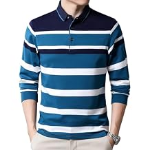 Mens Casual Cotton Striped Long Sleeve Collared T Shirt Polo Shirts