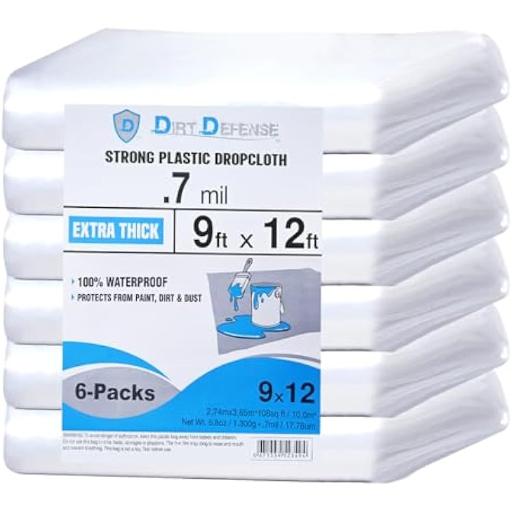 Dirt Defence Plastic Drop Cloth, 9x12 Ft Plastic Sheeting for Painting, Waterproof & Dust-Proof,Tear-Resistance Plastic Tarp for Painting, Floor, Furniture Cover Thick & Durable 6 PCS