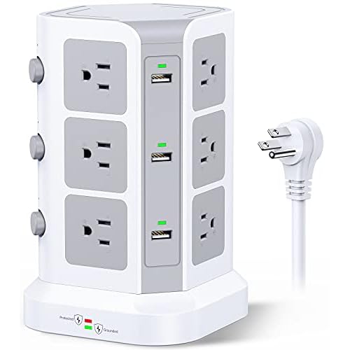 Power Strip Tower by KOOSLA, [15A 1500J] Surge Protector - 12 AC Multiple Outlets and 6 USB Ports, Flat Plug 14 AWG Heavy-Duty Extension Cord 6.5ft, Home Office Supplies, Dorm Room Essentials White
