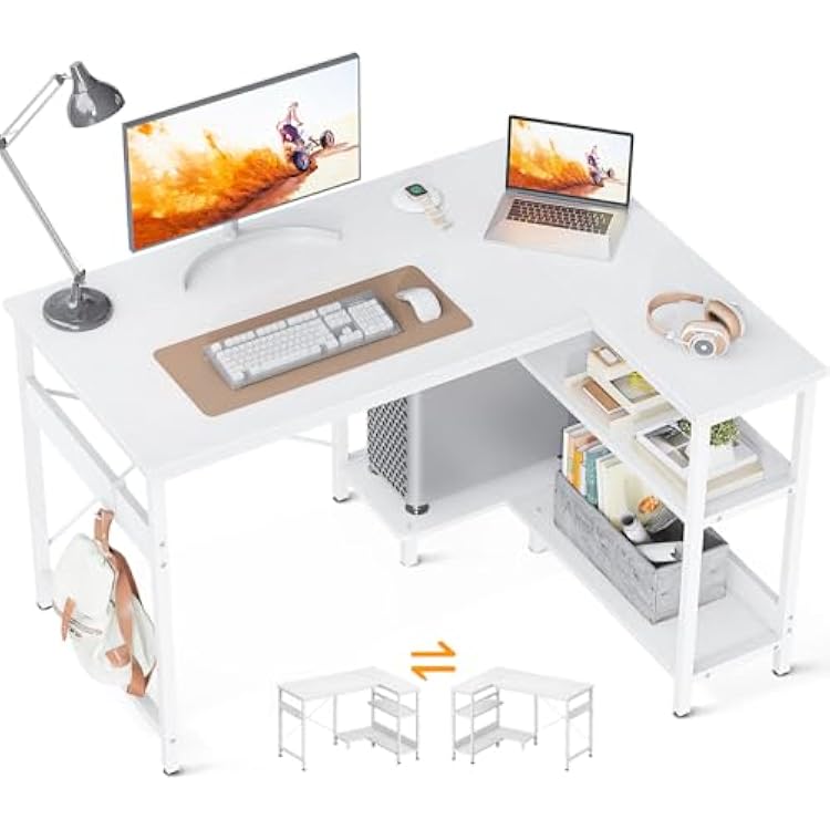 ODK 40 Inch Small L Shaped Computer Desk, Corner Desk with Reversible Storage Shelves, Modern Simple Writing Study Table with Iron Hook, White