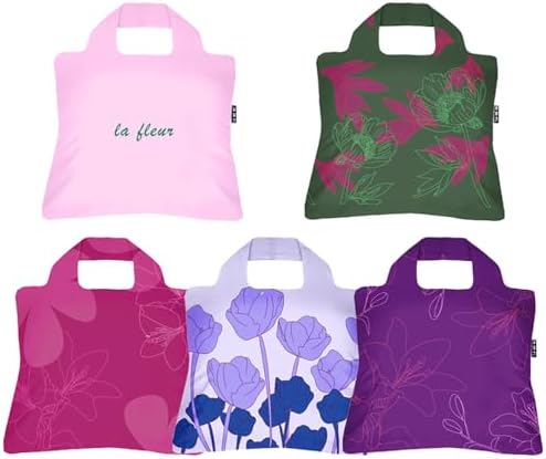 Envirosax Reusable Grocery Bags- Set of 5 La Fleur Flower Designs,Eco Friendly Foldable Shopping Tote Bag