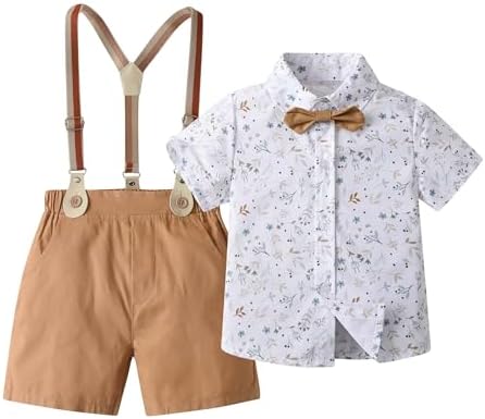 Baby Boys Gentleman Outfits Suits, Infant ShirtShortsBow TieSuspenders