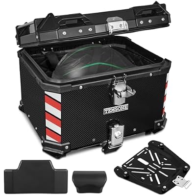 45L Carbon Style Universal Motorcycle Top Case, Waterproof Motorcycle Tail Box with Backrest & Back Cushion, Dual-key Storage Carrier Case, Aluminum Trunk Tour Tail Box for Store Helmet