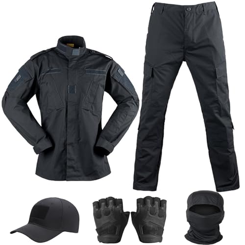 Tactical Suit,Combat Pants and Shirt,Cap Gloves Balaclava Set,Black Camo Uniform Mens Military Airsoft Gear