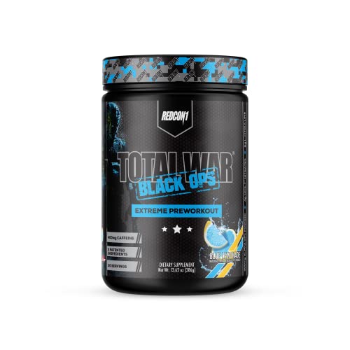 REDCON1 Total War Black Ops Extreme Preworkout Powder, Blue Lemonade, High Stimulant, 400 mg Caffeine, NO3-T Nitrates  L-Citrulline, Increase Blood Flow, Muscle Pumps 20 Servings