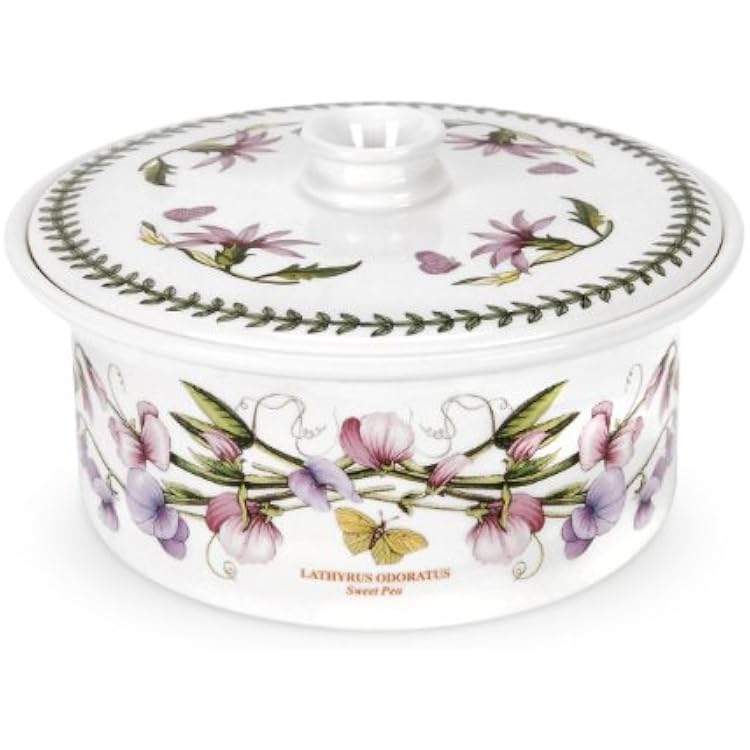 Portmeirion Botanic Garden 9.5 Round Casserole Dish with Cover, Sweet Pea Motif - Durable Porcelain Baking Dish with Chip-Resistant Glaze, Dishwasher & Microwave Safe - Stylish Bakeware & Serveware