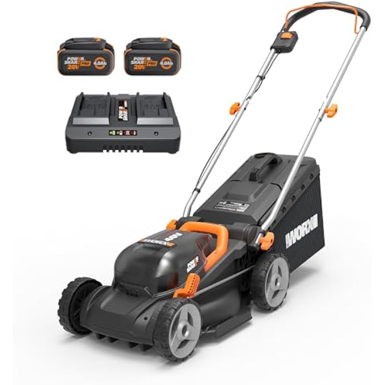 WORX Cordless Lawn Mower, 14 40V Electric Mower with Brushless Motor, Lightweight 2 in 1 Push Lawn Mower with 6-Position Height Adjustment for Small Yards, 2 Batteries & Charger Included, WG735
