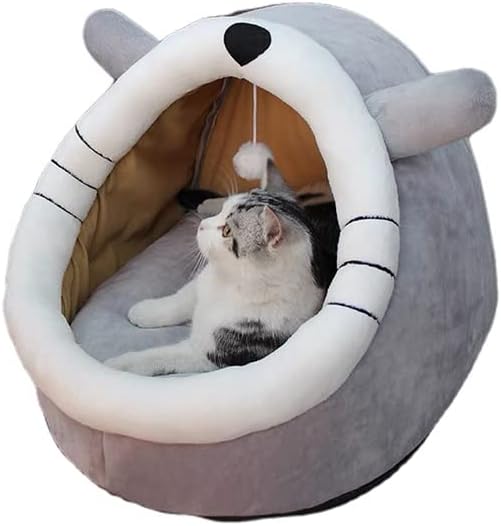 disdain Cat Beds for Indoor Cats, Cat House with Hanging teaser toy, 2 in 1 Cat cave for playing and sleeping, Pet Bed suitable for Cats and Small Dogs, grey