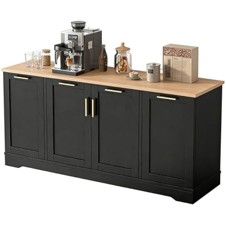 Amposei Kitchen Sideboard Storage Cabinet 54 Wooden Credenza Buffet Coffee Bar Cabinet with Drawers, Adjustable Shelves for Living Room Dining, Black