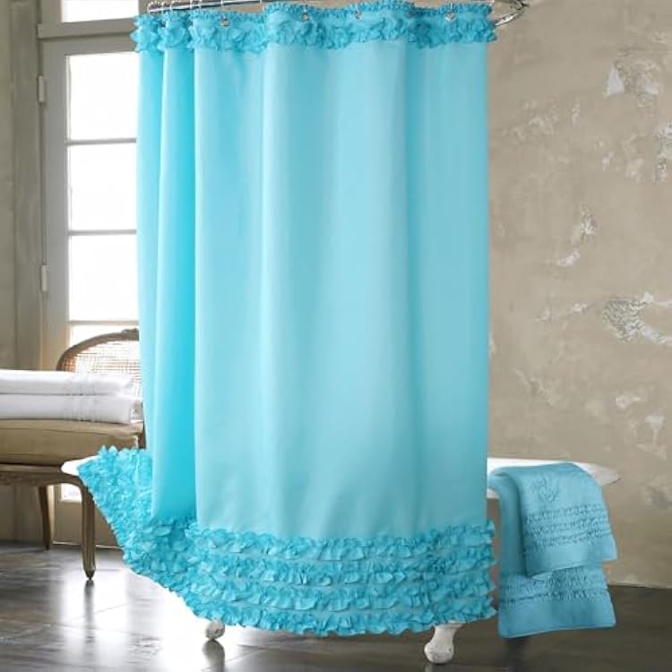 Ruffle Shower Curtain, Teal Fabric Shower Curtain with Handmade Ruffles, Farmhouse Chic Bath Curtains, 72 W x 72 H
