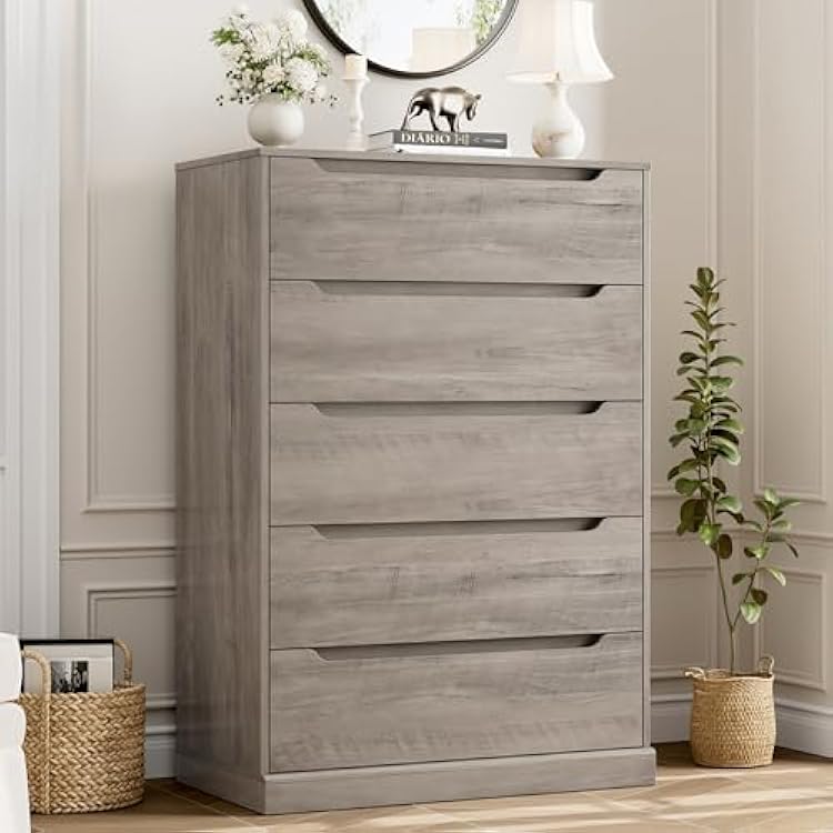 HOSTACK 43.3 Tall Modern 5 Drawer Dresser for Bedroom, Large Chest of Drawers with Storage, Wood Clothes Storage Organizer with Cut-Out Handle, Accent Storage Cabinet for Living Room, Ash Gray